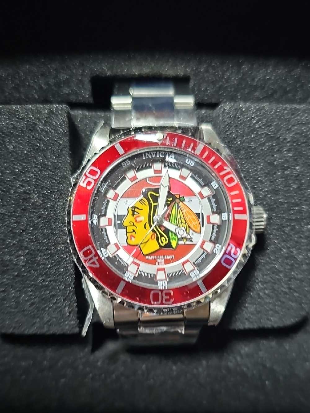 Invicta Silver Steel Watch with Red Bezel and Black Dial , CHICAGO BLACK HAWKS
